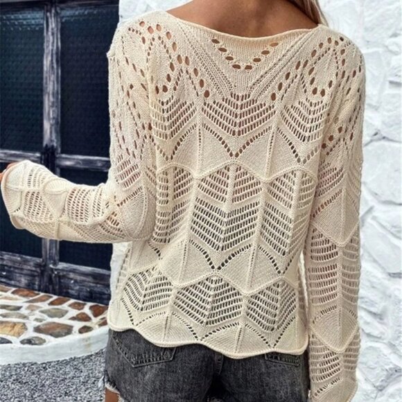 2/$50 Ivory Beige Lace Knit Crochet Chevron Sweater Pullover Long Sleeve Top L - Picture 4 of 9